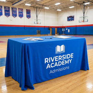 Blue printed table throw at a school gymnasium careers fair