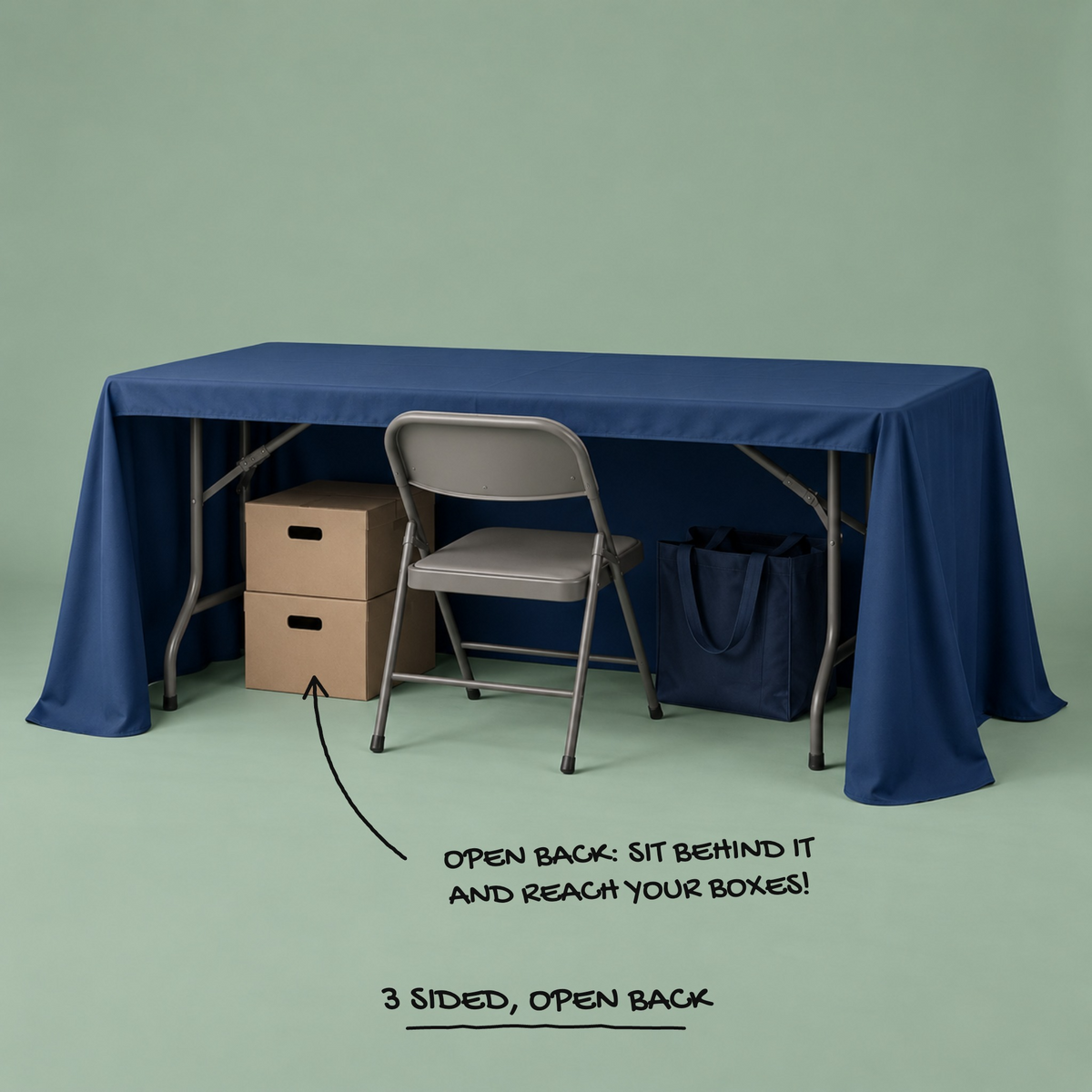 3 sided open back table throw seen from behind, storage boxes and chair under the table