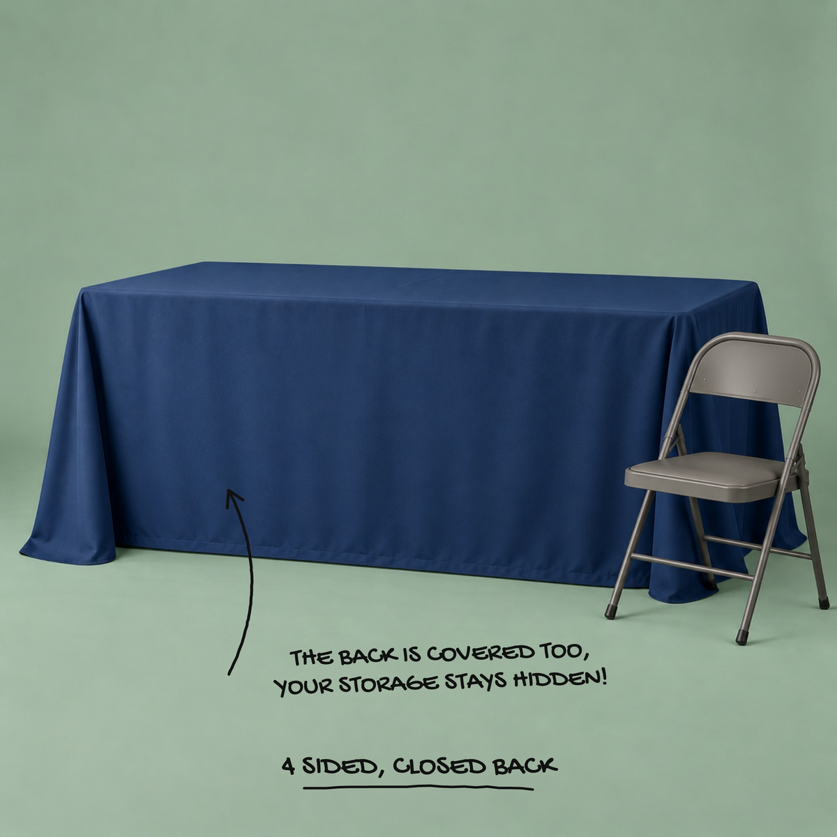 4 sided closed back table throw seen from behind, back fully covered