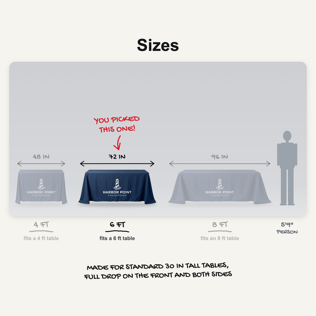Table throw sizes: 4 ft, 6 ft and 8 ft tables to scale, 6 ft picked