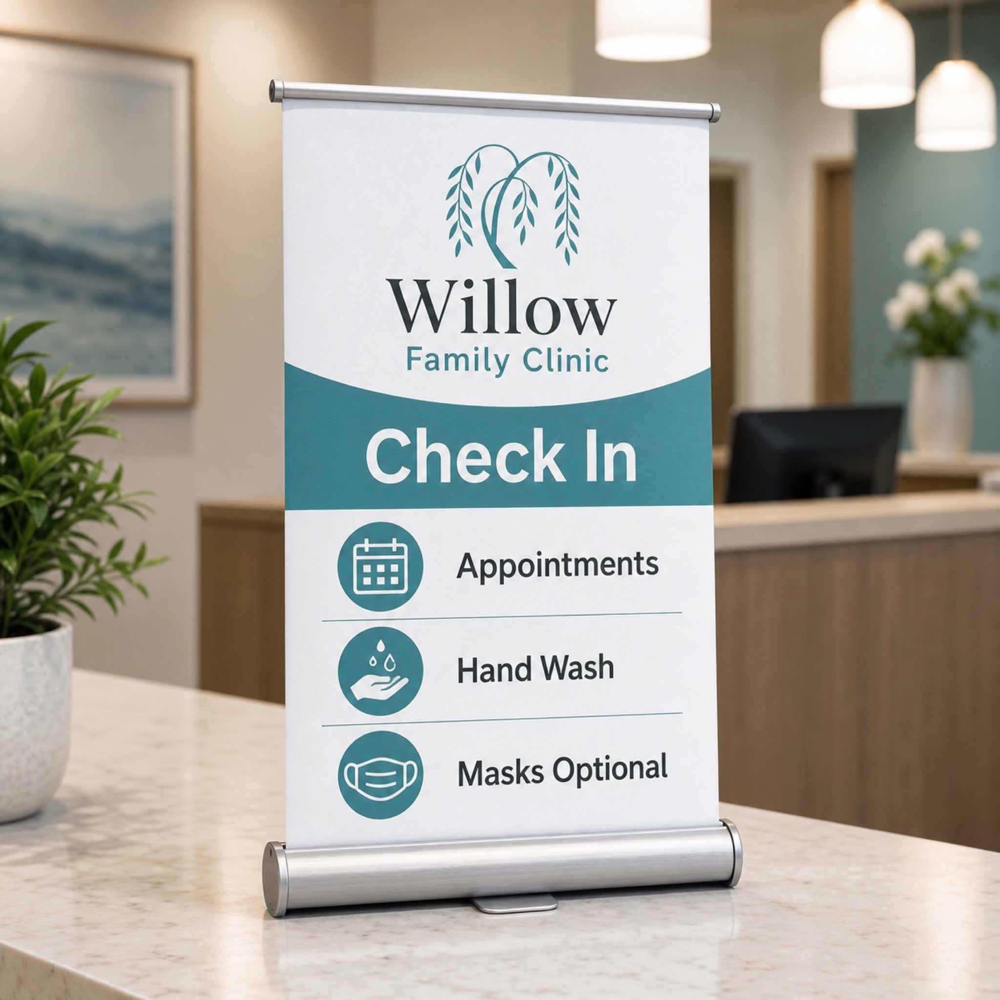 Tabletop Pull-Up Banner, 13oz matte vinyl, 11 x 18 inches, shown in an alternate use