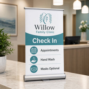 Tabletop Pull-Up Banner, 13oz matte vinyl, 11 x 18 inches, shown in an alternate use