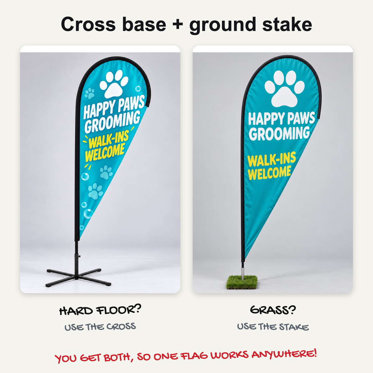 Teardrop flag cross base and ground stake