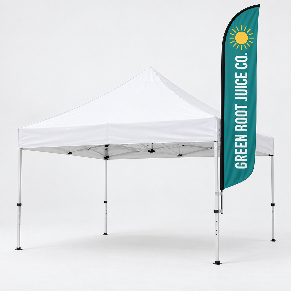 Medium feather tent flag clamped to a pop up canopy leg