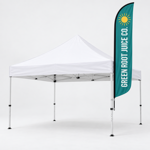 Medium feather tent flag clamped to a pop up canopy leg