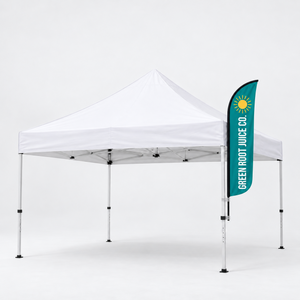 Small feather tent flag clamped to a pop up canopy leg