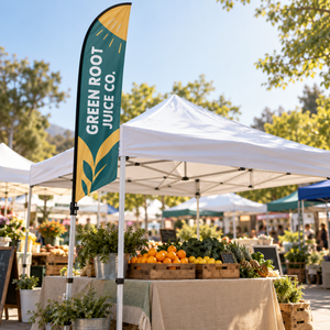 Custom printed feather tent flag clamped to a pop up canopy leg at a farmers market