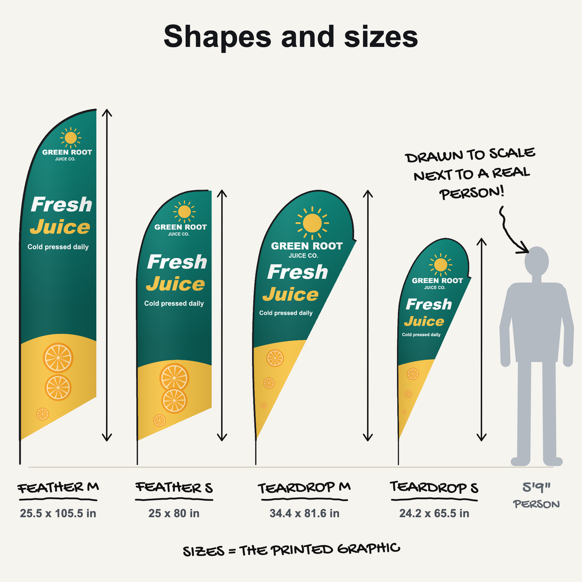 Tent flag shapes and sizes drawn to scale: Feather M 25.5 x 105.5 in, Feather S 25 x 80 in, Teardrop M 34.4 x 81.6 in, Teardrop S 24.2 x 65.5 in, next to a 5 ft 9 in person