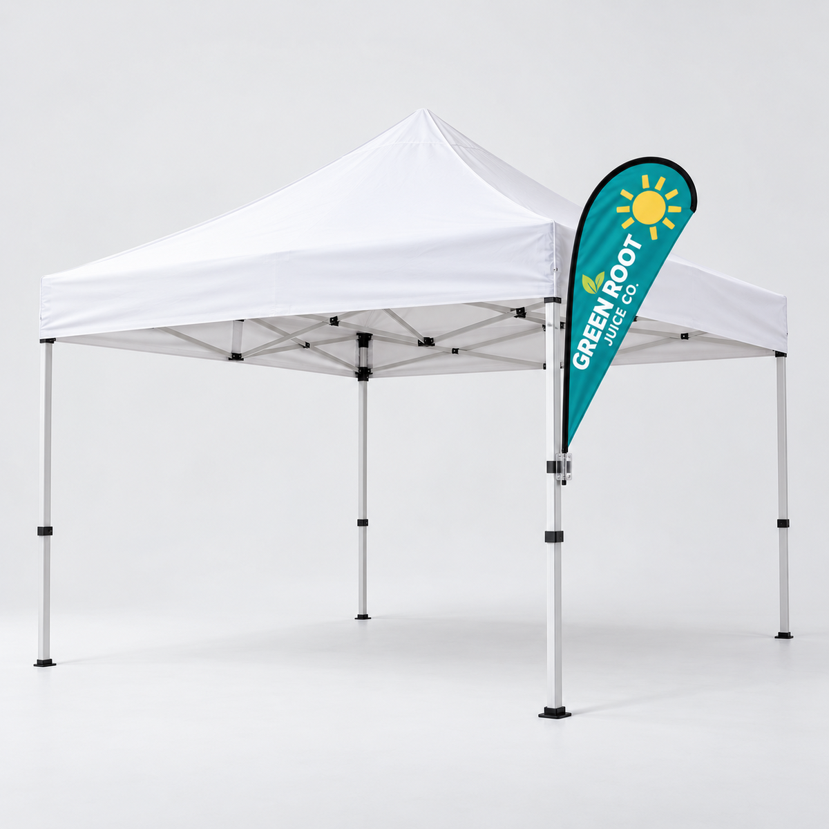 Small teardrop tent flag clamped to a pop up canopy leg