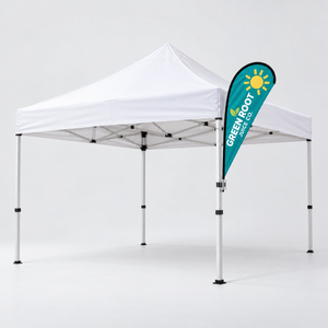 Small teardrop tent flag clamped to a pop up canopy leg