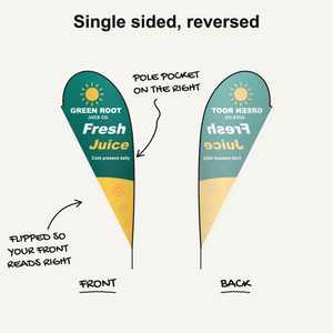 Teardrop tent flag, single sided reversed: pole pocket on the right, flipped so the front reads right