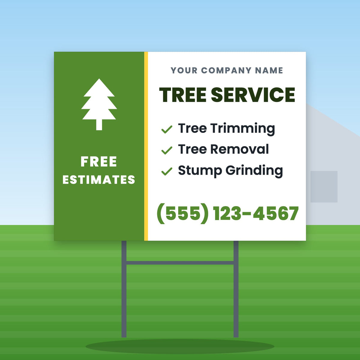 Tree Service Yard Sign Design 2: 24 x 18 yard sign on a steel H-stake in a front lawn