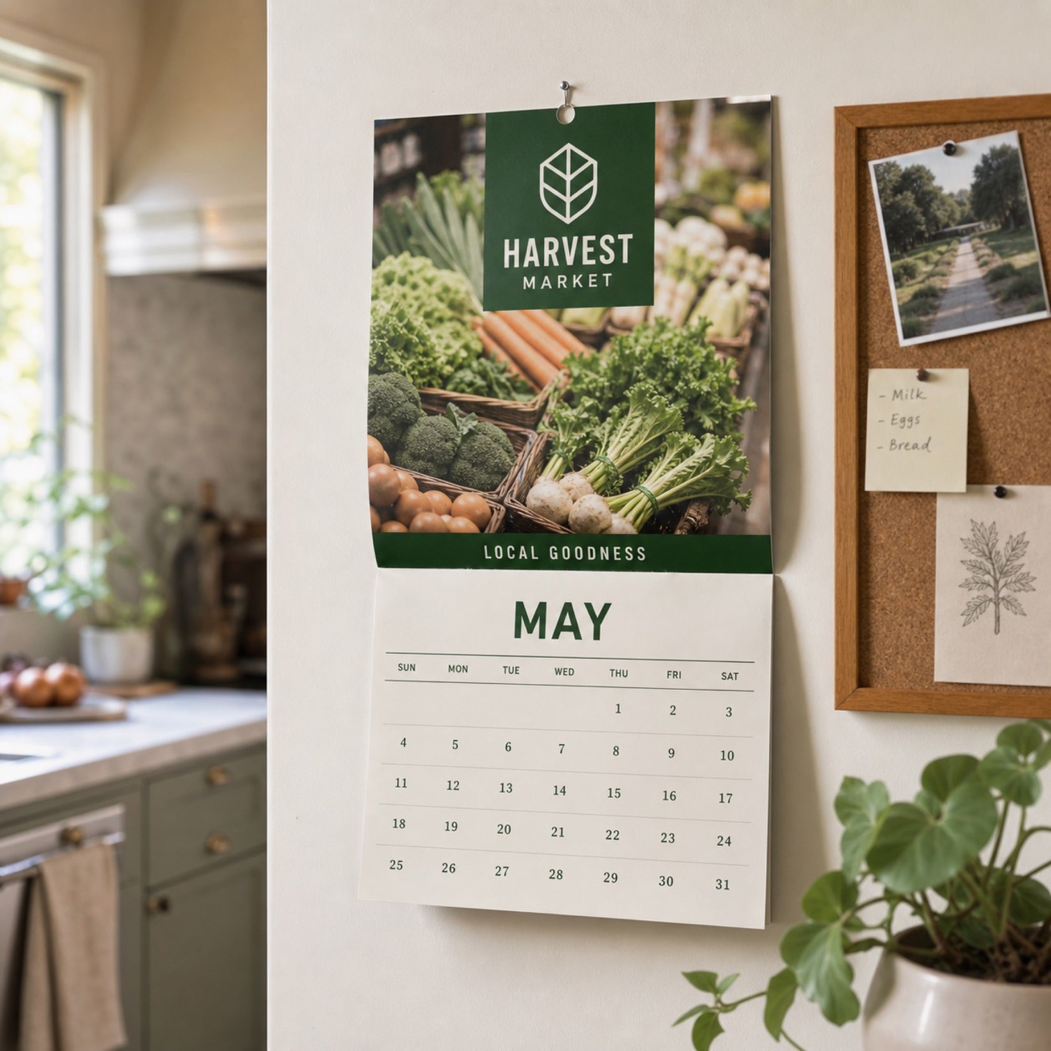 Wall Calendars in use - hanging in a kitchen next to a noticeboard