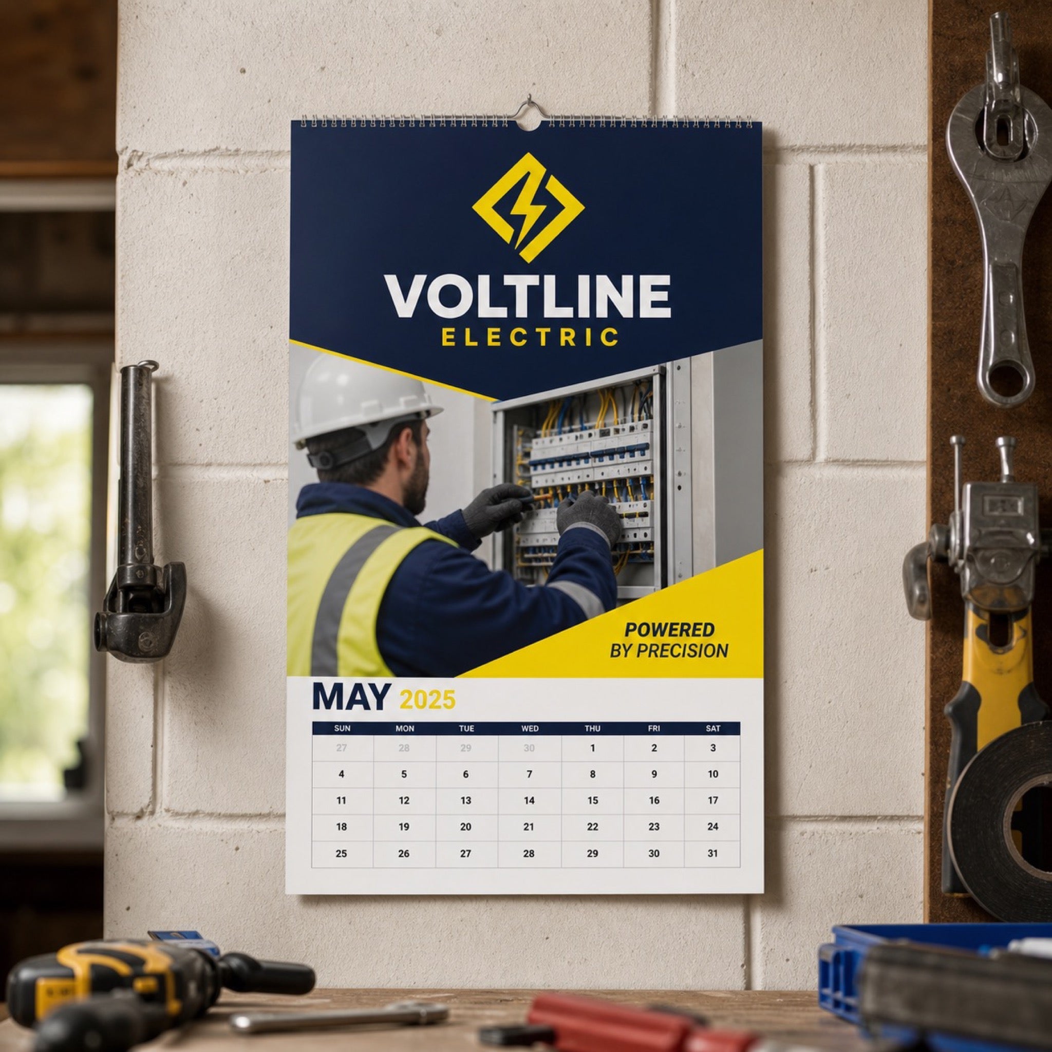 Wall Calendars in use - hanging in a garage workshop above a bench