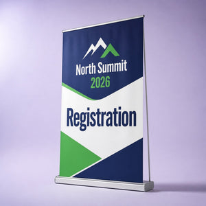Wide Pull-Up Banner, 13oz matte vinyl, 48 x 80.5 inches, shown in an alternate use