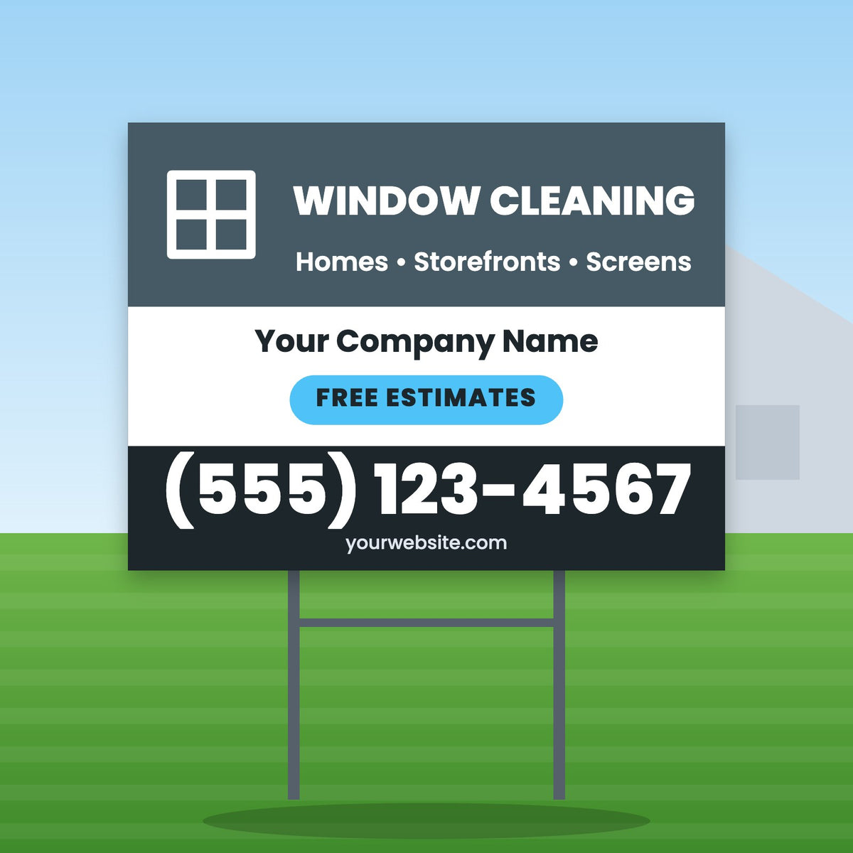 Window Cleaning Yard Sign Design 1: 24 x 18 yard sign on a steel H-stake in a front lawn