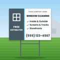 Window Cleaning Yard Sign Design 2: 24 x 18 yard sign on a steel H-stake in a front lawn