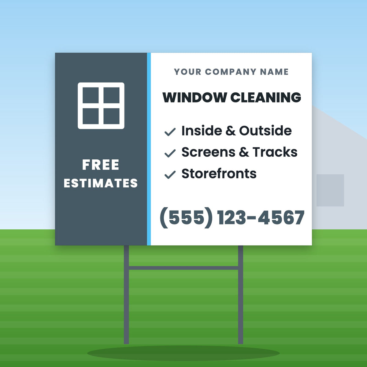 Window Cleaning Yard Sign Design 2: 24 x 18 yard sign on a steel H-stake in a front lawn