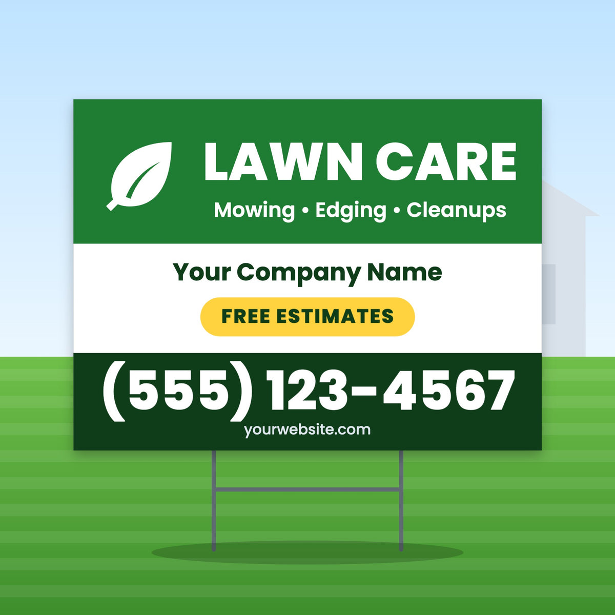 24 x 18 lawn care yard sign on a steel H-stake in a front lawn