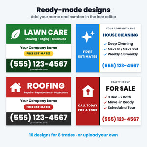 Ready-made yard sign designs for lawn care, cleaning, roofing and real estate
