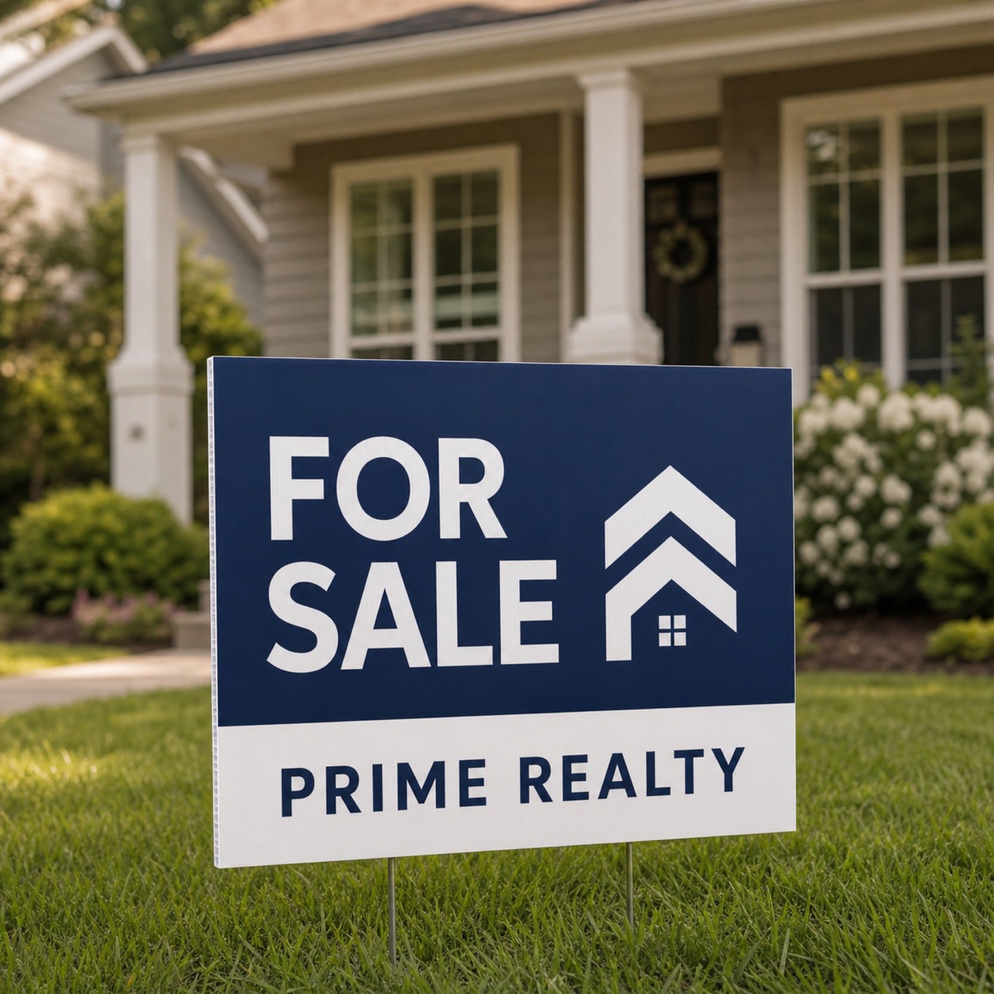 Yard Signs in use - pushed into a green front lawn in front of a suburban house