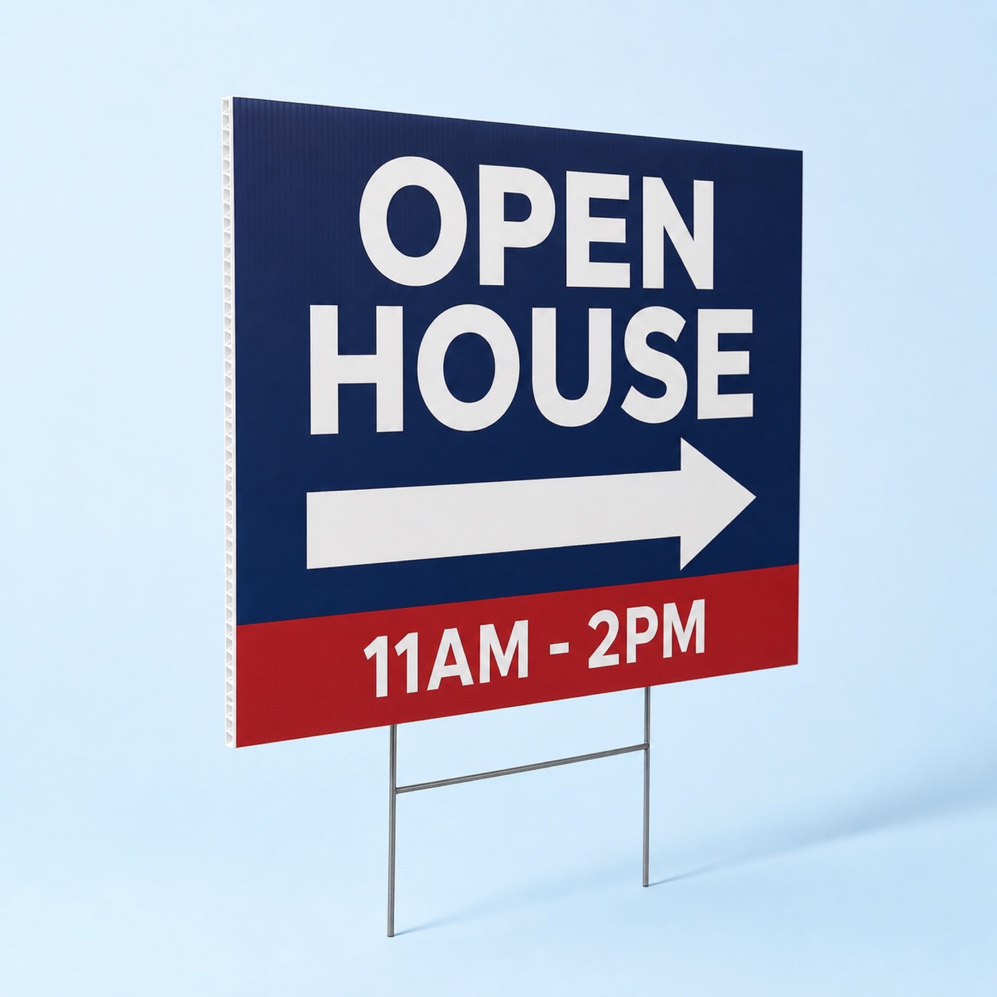 Yard Signs printed as an OPEN HOUSE sign with a large directional arrow and a time line
